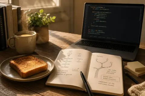 Postazione BranchToast con toast, codice e taccuino che racconta idee, esperimenti e percorsi