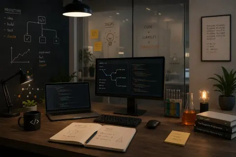 Laboratorio digitale BranchToast con postazione di sviluppo, codice e lavagna progettuale